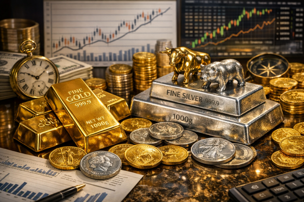 Das KI-generierte-Bild zeigt Gold- und Silberbarren und entsprechende Münzen. Im Hintergrund sieht man zwei Charts mit einer positiven Wertentwicklung.