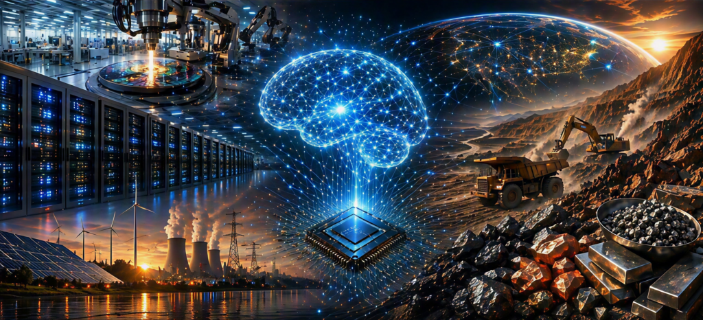 Das Bild zeigt eine KI generierte Kollage, die den Infrastruktur-, Energie- und Rohstoffbedarf von KI Rechenzentren symbolisieren soll. Zu sehen ist ein Computerchip über dem ein digitalisiertes Gehirn schwebt. Umgeben ist dieses zentrale Stück von Solar-, Wind- und anderen Kraftwerken, von einem Rechenzentrum, einer Chipproduktion, einem Bild der digitalisierten Erden, einem Bergbaubetrieb und verschiedenen Industriemetalle.