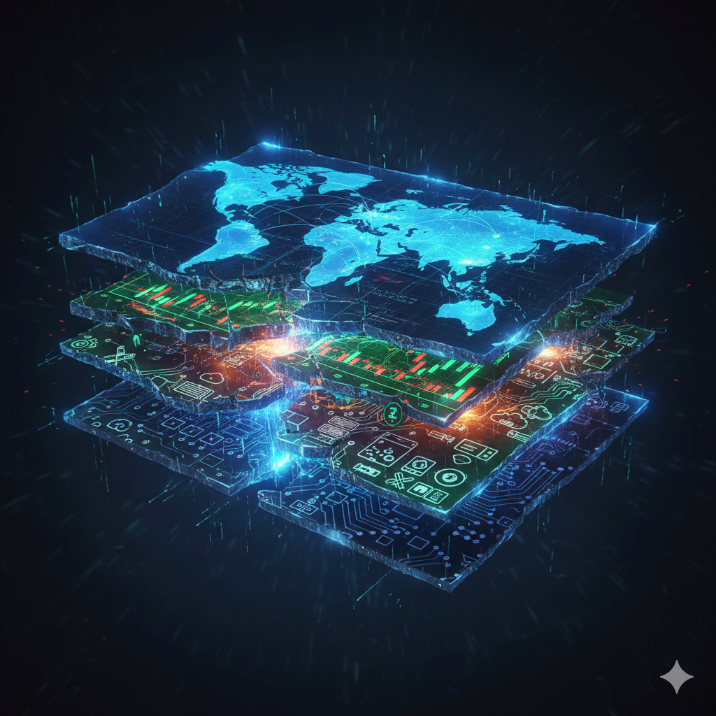 Eine computergenerierte Grafik, die auf mehreren übereinanderliegenden Ebenen eine Weltkarte, Börsenchart und technologische Elemente zeigt.